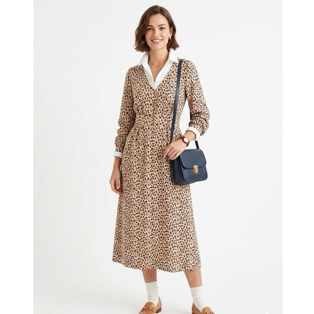 J. CREW Women's 0 Button Front A Line Midi Dress Long Sleeve Leopard Cheetah Brn
